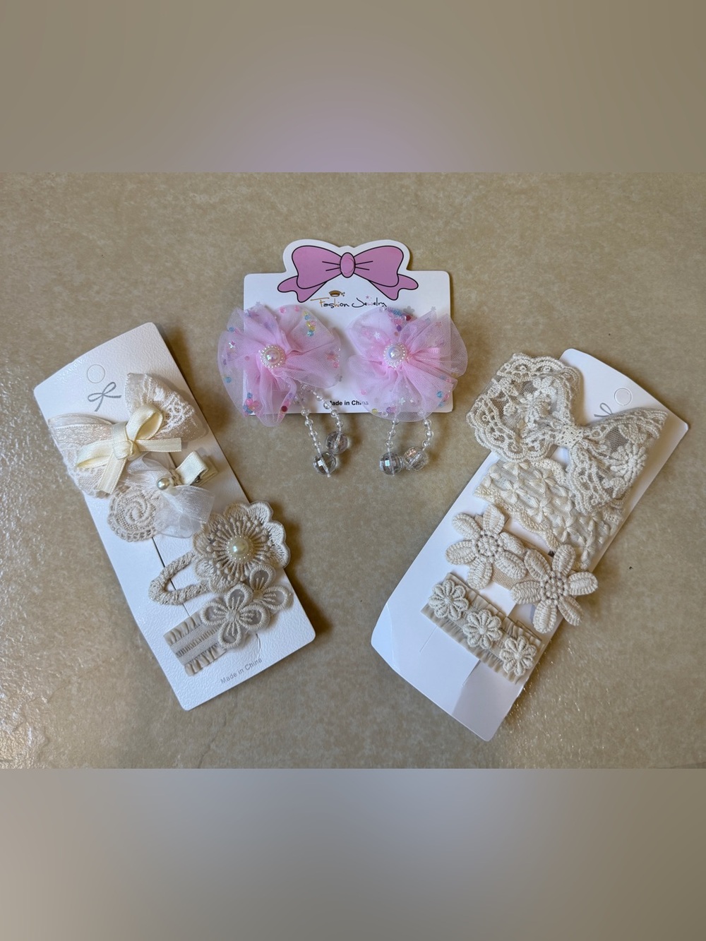 10pc Baby Girl Hair Clip Set – Ivory Lace Bows & Pink Tulle Flower Pins